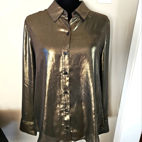 Reformation Womens Gold Metalic Nolan Long Sleeve Button Blouse S - Picture 4 of 16